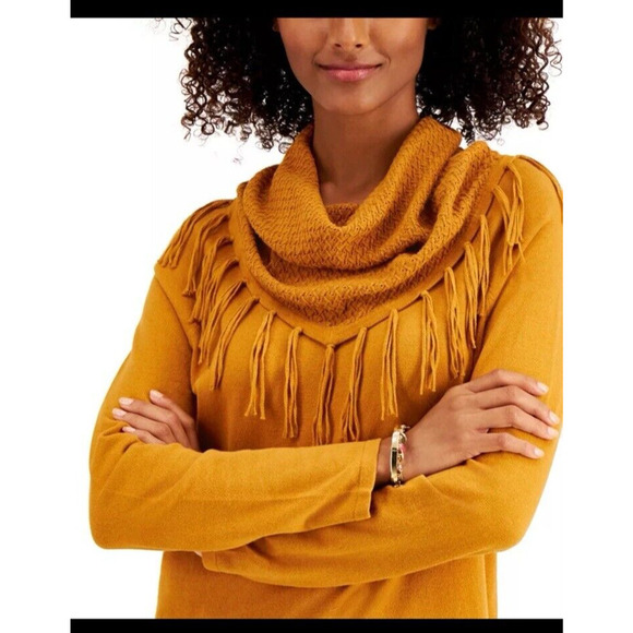 Style & Co Women's Size L Fringe Cowl-Neck Pullover Tan Warm Knit Sweater Top - Picture 3 of 7